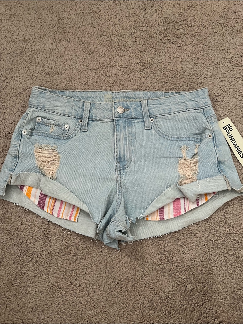 No Boundaries Light Wash Distressed Denim Shorts with Striped Pocket Trim